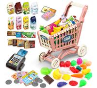 Kids Easy to Assemble Shopping Cart with Groceries POS Machine Plastic Money and Cards Red