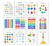 Kids Educational Classroom Posters Set of 12 - Alphabet A-Z, Numbers 1-20, Colours, Shapes, Days, Months, Weather, Feelings, Solar System, Seasons & Directions Learning Charts for Nursery & Primary