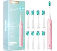 Kids Electric Toothbrush 6-12 Rechargeable Sonic Toothbrush with 9 Reminder Brush Heads 5 Cleaning Modes 2-Minute Timer Childrens Toothbrush (Pink)