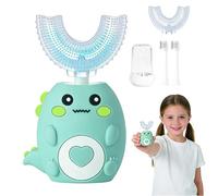 Kids Electric Toothbrush U Shaped, 360º Ultrasonic Toothbrush with Smart Timer & 3 Cleaning Modes, IPX7 Waterproof, Toddler Electric Toothbrush with 4 Brushs Head (Cartoon Dinosaur Ages 2-12) (Green)