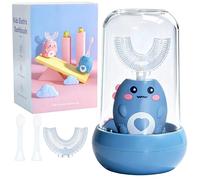 Kids Electric Toothbrush U Shaped, 360º Ultrasonic Toothbrush with Smart Timer & 3 Cleaning Modes, IPX7 Waterproof, Toddler Electric Toothbrush with 4 Brushs Head (Blue with Drying Cup)