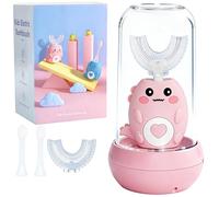 Kids Electric Toothbrush U Shaped, 360º Ultrasonic Toothbrush with Smart Timer & 3 Cleaning Modes, IPX7 Waterproof, Toddler Electric Toothbrush with 4 Brushs Head (Pink with Drying Cup)