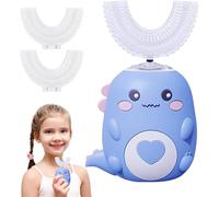Kids Electric Toothbrush U Shaped with 2 Replaceable Soft Silicone Brush Head, Rechargeable 360° Whole Mouth Cleaning Brush, Dinosaur Toothbrush for Children 2-12 Years (Blue, 2~6 Years Old)