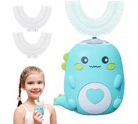 Kids Electric Toothbrush U Shaped with 2 Replaceable Soft Silicone Brush Head, Rechargeable 360° Whole Mouth Cleaning Brush, Dinosaur Toothbrush for Children 2-12 Years (Green, 2~6 Years Old)