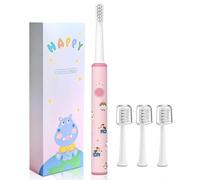 Kids Electric Toothbrush with 3 Replacement Heads, Cute Cartoon Hippo Design, Waterproof Sonic Toothbrush for Children (Ages 3-12) (Pink)