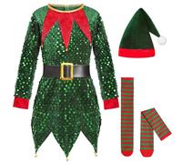 Kids Elf Christmas Fancy Dress Costume Red And Green Santa’S Helper Xmas Outfit For Fairy Tales Costumes Tree Cosplay Teens Gnomes Elves Carnival Theme Parties (Green#a,5-6 Years)