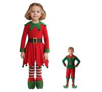 Kids Elf Costume, Boys & Girls Christmas Santa's Helper Fancy Dress Party Outfit, Cheeky Elves Dress Up Including Green Top, Red Trousers, Elf Hat, Belt, Boots & Long Striped Socks