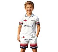 Kids England Football 2 Piece Sports Kit, Collared Button Front Flag Print Short Sleeve Top, Matching Sport Shorts Suitable for Boys Aged Between 2 and 14 Years Old(1A-White, 4-5 Years)