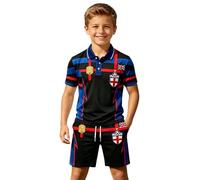 Kids England Football 2 Piece Sports Kit, Collared Button Front Flag Print Short Sleeve Top, Matching Sport Shorts Suitable for Boys Aged Between 2 and 14 Years Old(1A-Dark Blue, 9-10 Years)
