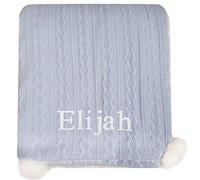 Kids Essentials Baby Boy Girl Personalised Cable Knit Pom Pom Blanket Sherpa Thick Blanket (Blue), 75 x 90cm