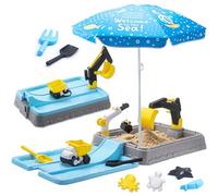 Kids Excavator Sandbox with Umbrella & Cover, Construction Sandbox Set with Beach Toys & Dump Truck, Outdoor Educational Play Set for Toddlers Ages 3-12
