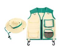 Kids Explorer Costume Set, 1 Vest and 1 Hat with Vibrant Pockets and D Rings for Outdoor Adventures Role Play Safari Camping Hiking (Green)