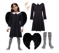 Kids Fairy-Vampire Girl Set - Includes Black Dress, Wing Accessories, Striped Tights, Tie, and Pointed Ears - Perfect for Halloween, Dress-Up Play and World Book Day - Fancy Dress Costume