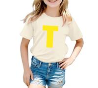 Kids Fashion Letter Print T-Shirt Soft Comfortable Casual Top for Girls and Boys Stylish Daily Wear (Beige-A, 5-6 Years)