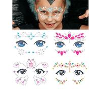 Kids Festival Face Jewels Gems - 4 Pack Sparkly Face Stickers & Crystal Temporary Tattoos - Fun Rhinestone Makeup for Girls for Halloween, Birthday, Christmas & Dress-Up Play (4 PCS)