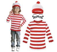 Kids 'Find Me' Book Character Costume - Large - Long-Sleeve Red & White Stripe Top, Matching Bobble Hat, Black Round Glasses - Boys Girls Childs School Book Week World Book Day Fancy Dress Costume