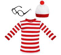 Kids 'Find Me' Book Character Costume - Long Sleeve Red & White Stripe Top + Red & White Bobble Hat + Black Nerd Glasses Fancy Dress Costume Set for World Book Day
