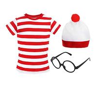 Kids 'Find Me' Book Character Costume - Medium - Short Sleeve Red & White Stripe Top + Red & White Bobble Hat + Black Nerd Glasses Fancy Dress Costume Set for World Book Day