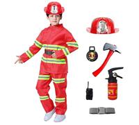 Kids Fireman Costume, Complete Children's Fireman Role Play Halloween Dress Up Costume Set with Firefighter Outfit & Accessories Halloween Cosplay Fancy Dress for Boys & Girls Age 3-9Y Red