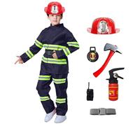 Kids Fireman Costume, Complete Children's Fireman Role Play Halloween Dress Up Costume Set with Firefighter Outfit & Accessories Halloween Cosplay Fancy Dress for Boys & Girls Age 3-9Y Blue