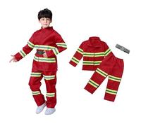 Kids Fireman Costume Fire Firefighter Dress-Up Set with Complete Accessories Firefighter Role Play Toy Pretend Fire Outfit for Boys and Girls Birthday Halloween Carnival Cosplay Party, 3-10 Years Red