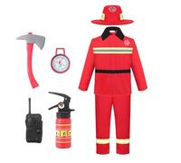 Kids Fireman Costume Fireman Dress Up Outfits Firefighter Costume Kids with Complete Accessories Firefighter Toy Set Pretend Role Play Toys for Boys Fire Chief Cosplay Carnaval Halloween Red