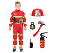 Kids Fireman Costume Role Play Outfit Realistic Fireman Uniform with Fire Extinguisher Helmet and Badge for Halloween Cosplay