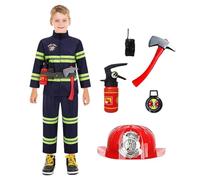 Kids Fireman Costume - Role Play Outfit, Realistic Fireman Uniform with Fire Extinguisher, Helmet and Badge for Halloween and Halloween Party