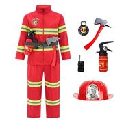 Kids Fireman Costume Role Play Outfit Realistic Fireman Uniform with Fire Extinguisher Helmet and Badge for Halloween Cosplay