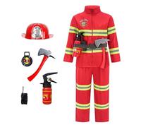 Kids Fireman Costume Role Play Outfit Realistic Fireman Uniform with Fire Extinguisher Helmet and Badge for Halloween Cosplay