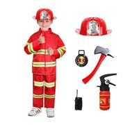 Kids Fireman Costume Role Play Outfit Realistic Fireman Uniform with Fire Extinguisher Helmet and Badge for Halloween Cosplay