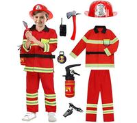 Kids Fireman Costume Set for Pretend Play, Fire Chief Role Play Toy with Realistic Accessories, Adjustable for Boys Girls Ages 4-9 Years (Red, 6-7 Years)