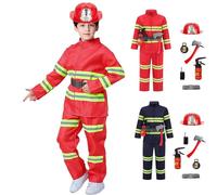 Kids Fireman Costume Set with 8 Firefighter Toy Accessories Carnival Firefighter Pretend Role Play Dress-Up Kit for Children Available in Two Colors Pretend Play Gifts for Kids Age 3 to 6 Red