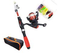 Kids Fishing Pole and Tackle Box Portable Telescopic Fishing Rod Tackle Combos Full Kits with Soft Bait Travel Bag for Boys Girls Youth Red Summer Outdoor Sports Accessories