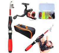 Kids Fishing Pole,Kids Portable Telescopic Fishing Rod Set,Tackle Box and Fishing Net Combo Kit,4Pcs/Set Ceramic Guide Ring Fiberglass Lure Fishing Rod for Beginner/Red