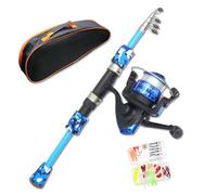 Kids Fishing Rod Starter Set 15-47" Telescopic 5 Section Mini Kids Fishing Pole with Reel, Lure Box & Canvas Bag Fiberglass Rod for Beginner
