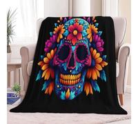 Kids Flannel Blanket 39 × 52 inch, Delicate Skull Flowers Printed Throws for Sofas Soft Cosy Warm Blanket for Bed Decoration - Baby Throw Sleepovers Travel Black Blankets