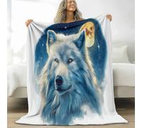 Kids Flannel Blanket 51 × 60 inch, Fantasy Animal White Wolf Printed Throws for Sofas Soft Cosy Warm Blanket for Bed Decoration - Small Single Throw Sleepovers Travel Cream Blankets