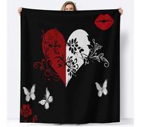 Kids Flannel Blanket 71 × 88 inch, Elegant Red Lips Cream Butterfly Printed Throws for Sofas Soft Cosy Warm Blanket for Bed Decoration - Double Throw Sleepovers Travel Black Blankets
