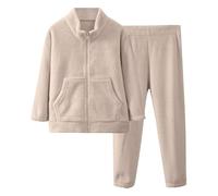 Kids Fleece Pyjamas Sets Fuzzy Turtleneck Long Sleeve Fall Jacket Sleepwear Girls 2 Piece Outfit Thermal Zip Up Cozy Pajamas Girl Kids Winter Loungewear Set (Beige, 15-16 Years)