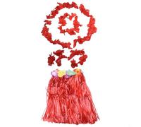 Kids Floral Hawaiian Grass Lei Skirt and Wristband Garland for Summer Costume, Festivals and Beach Events (Red)