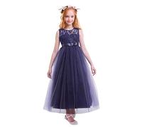 Kids Flower Girls Lace Tulle Wedding Bridesmaid First Communion Party Bowknot Maxi Long Dress Formal Pageant Birthday Christening Graduation Prom Dance Ball Gown Floor Length Dark Blue 5-6 Years