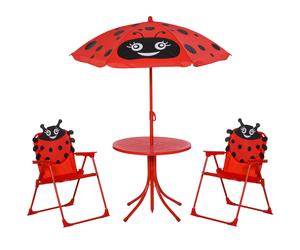Kids Folding Picnic Table Chair Set Ladybug Pattern Outdoor w/ Parasol Red Black