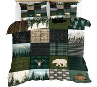 Kids Forest Deer Bear Duvet Cover Single, Dark Green Plaid Bedding Bed Set, Rustic Cabin Mountain Tree Quilt Covers 135X200cm with Zipper & Ties, 2 Pillowcases