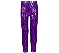 Kids Full Length Elastic Waist Fish Scale Mermaid Disco Legging - Girls Metallic Shiny Wet Look Comfortable Stretchy Tights Dance Party Children Tights Pants (13 Years, Purple)