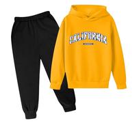 Kids Full Set Boys Girls Hooded Top with Bottom Clothing Sets Child Teens Designer's Contrast Panelled Sweat Jacket Pants Suit Outfits Hoodie Jogging Outfit for Children Age 2-13 Years Yellow