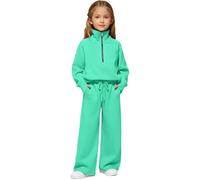 Kids Full Sets Winter Autumn Soft Warm 2 Piece Outfit Sweatshirt Set Oversized Half Zip Sweatshirt Wide Leg Lounge Set Fleece Tracksuit Girls Casual Streetwear (Mint Green, 9-10 Years)