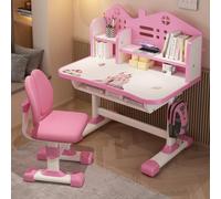 Kids Functional Desk and Chair Set, Ergonomic Height Adjustable Children School Study Desk with Large Desktop, Book Stand, Bookself, Metal Hook and Storage Drawer for Boys Girls Xmas Birthday Gifts P