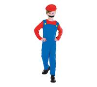 Kids Gamer 80s PLumber Mate Boy Mario Fancy Dress Costume Age 7-12