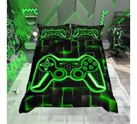 Kids Gamer Bedding Set Double Size Green and Black Bedding Duvet Cover Set For Boys Teens Decor Gaming Ombre Comforter Cover Set Geometric Square Bedspread Cover 3Pcs